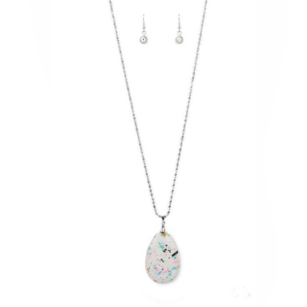 *Silver and white confetti teardrop pendant necklace.